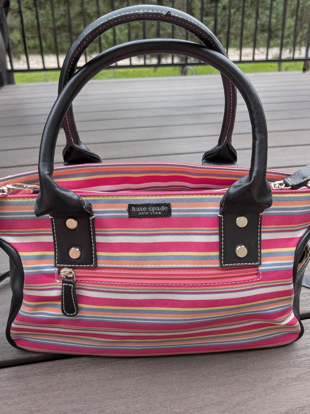 Vintage kate spade Pink Multi-Stripe Satchel with Black Trim - Picture 6 of 14